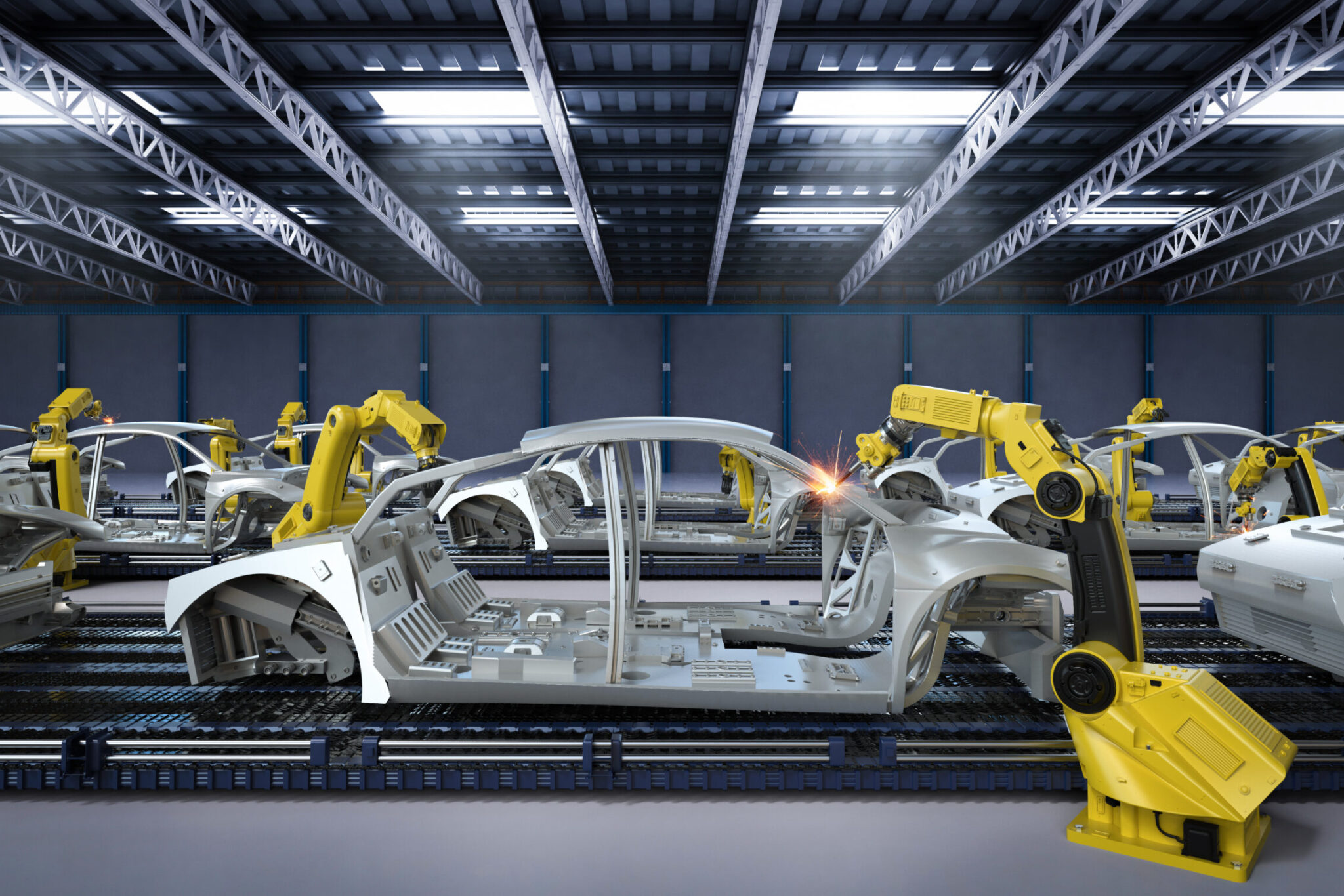 Automation aumobile factory concept with 3d rendering robot assembly line in car factory